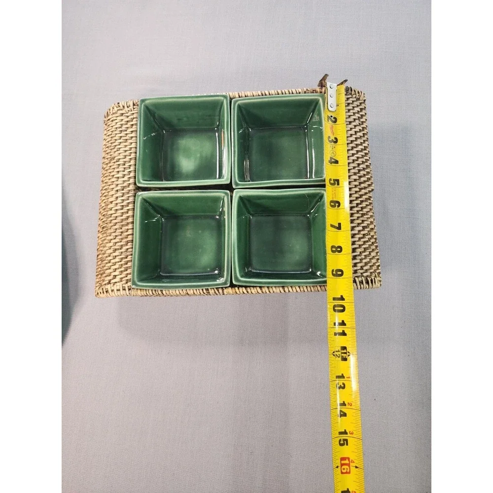 Vintage Green Ceramic 4-Section Relish Tray Set with Woven Rattan Serving Mat |